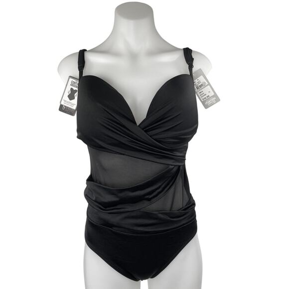 NEW Chamela Black Sleeveless Plunge Neck Mesh One Piece Swimsuit Bikini Size XL - Picture 1 of 4
